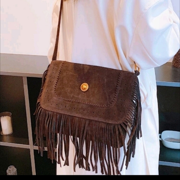 BROWN CHOCOLATE MEDIUM FRINGE BOHEMIAN BAG - Picture 3 of 12